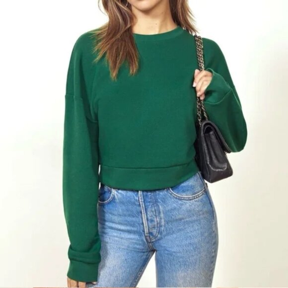 REFORMATION Hunter Rio Crew Neck Cropped Sweatshirt XS Pine Green SOFT Cozy - Picture 3 of 16